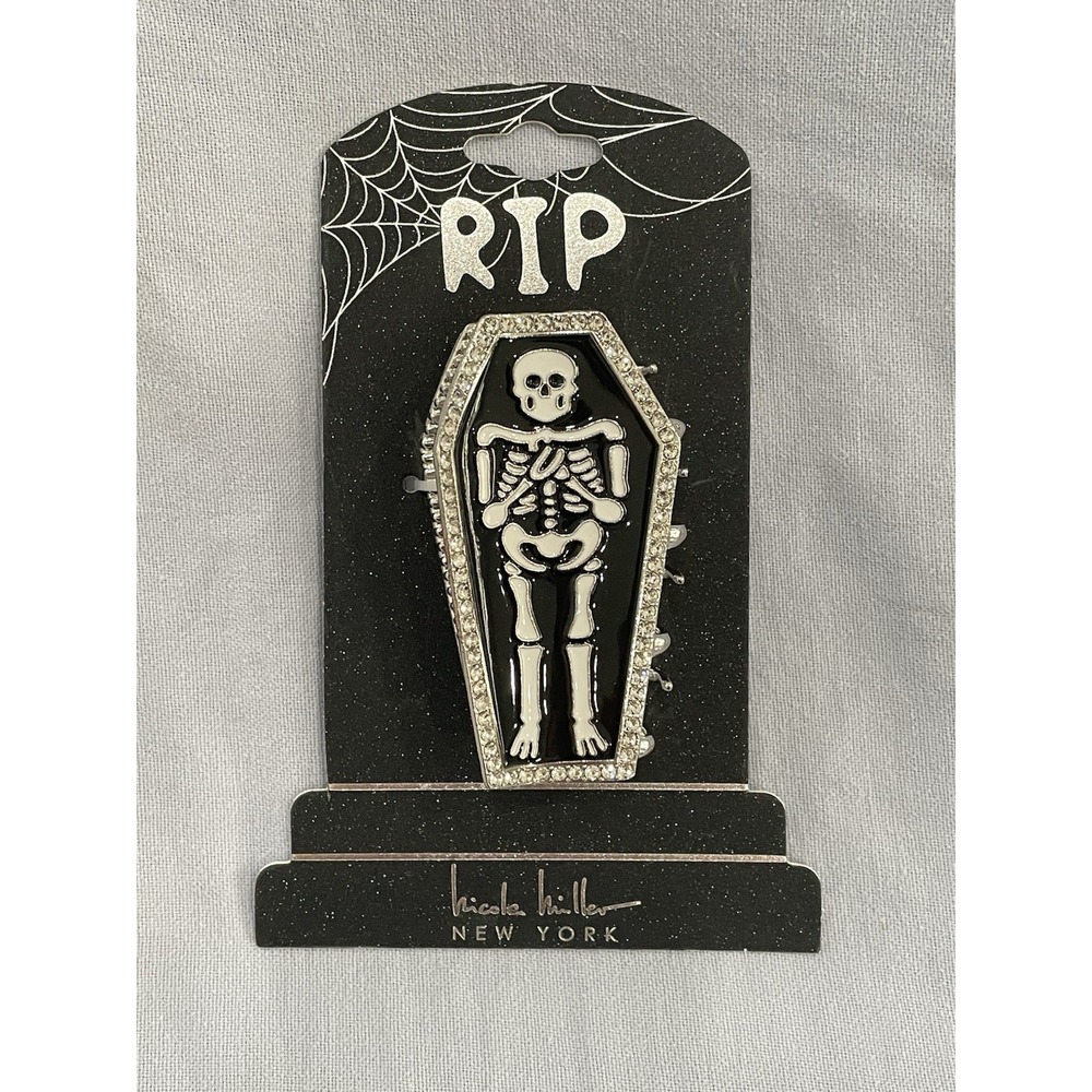 NEW Nicole Miller Silver Metal Claw Hair Clip RIP Halloween - Rhinestone Coffin
